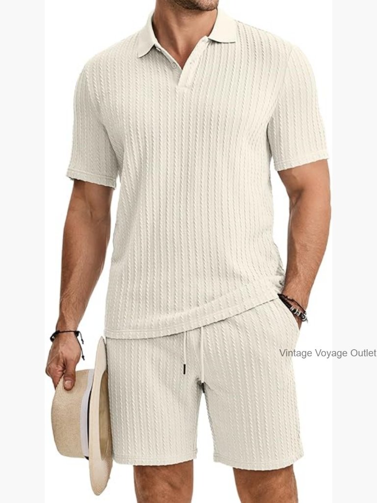 Men's 2 Piece Jacquard Lounge Set Short Sleeve Polo Shirt & Shorts